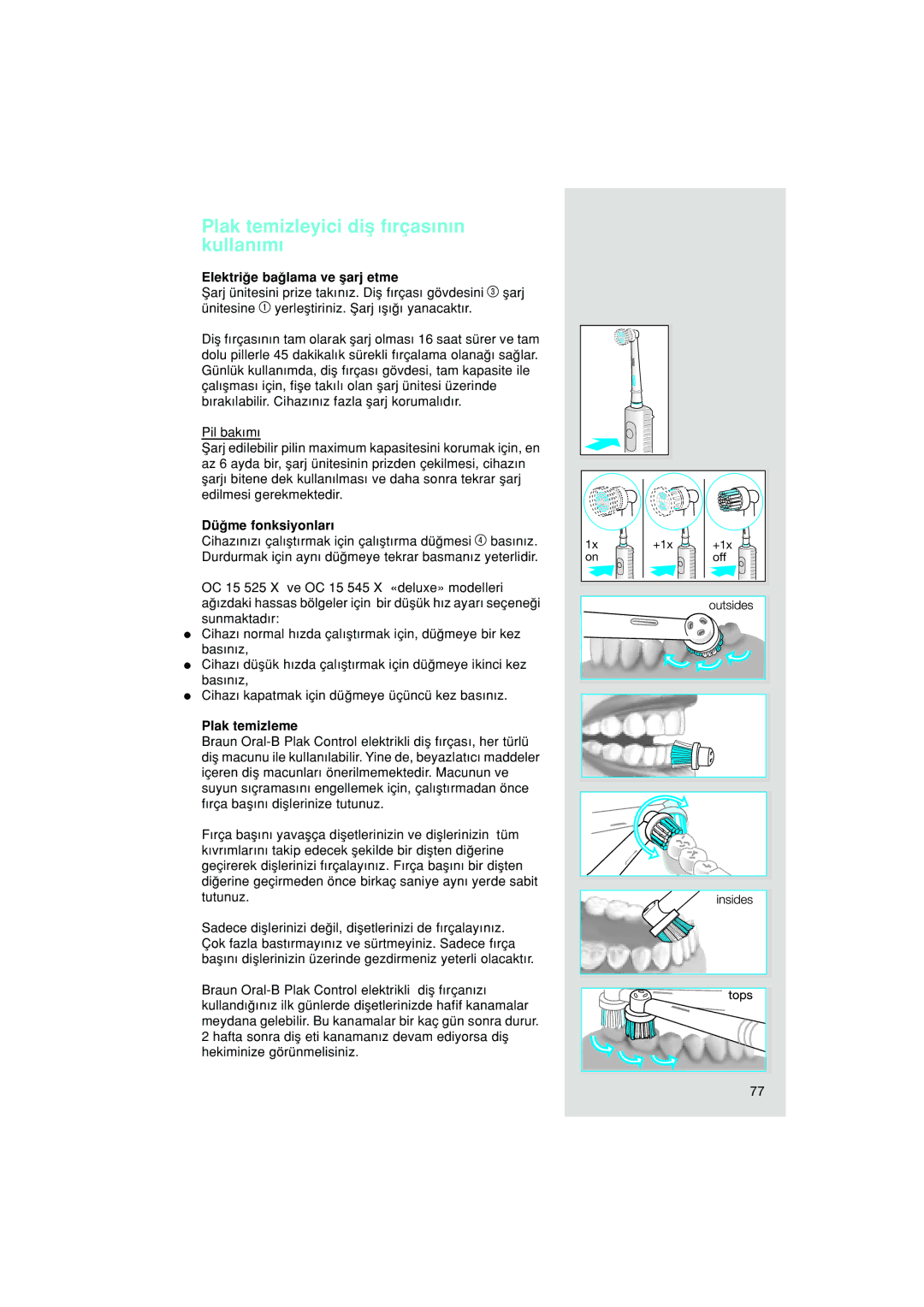 Braun OC15 525, OC15 545 X Plak temizleyici diµ f∂rças∂n∂n kullan∂m∂, Elektriπe baπlama ve µarj etme, Düπme fonksiyonlar∂ 