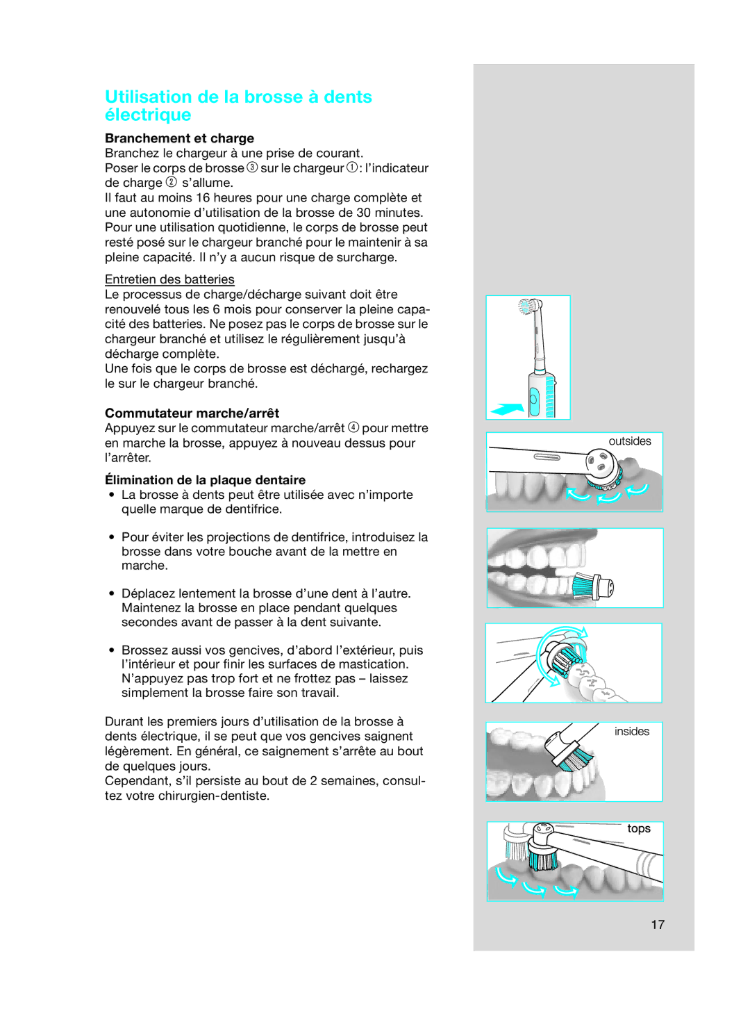 Braun 3718, OC15525 A manual Utilisation de la brosse à dents électrique, Branchement et charge, Commutateur marche/arrêt 