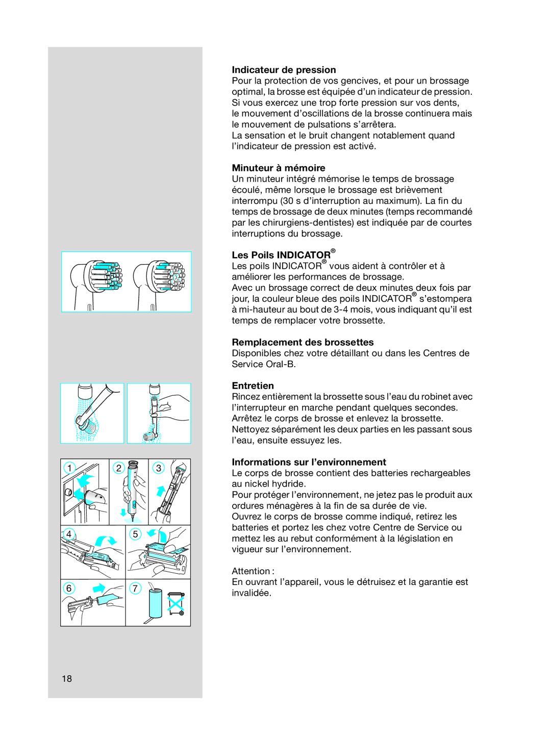 Braun OC15525 A Indicateur de pression, Minuteur à mémoire, Les Poils Indicator, Remplacement des brossettes, Entretien 