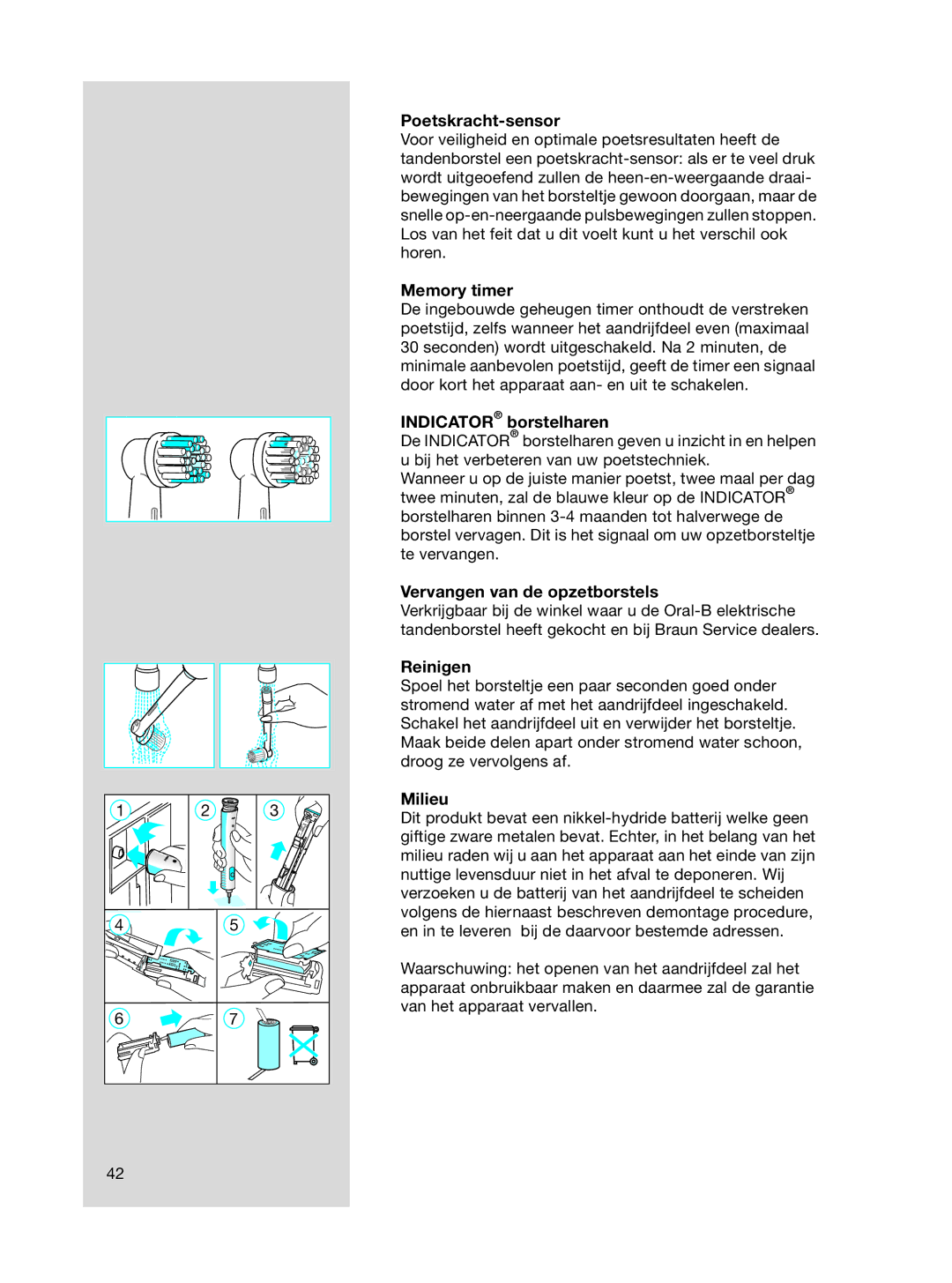 Braun OC15525 A, 3718 manual Poetskracht-sensor, Indicator borstelharen, Vervangen van de opzetborstels, Milieu 