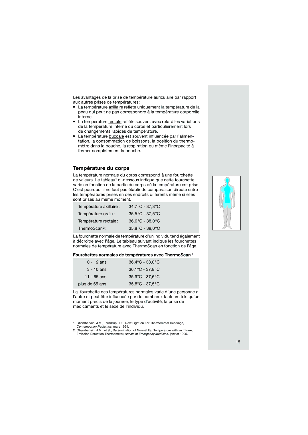 Braun Pro3000 manual Température du corps, Fourchettes normales de températures avec ThermoScan 