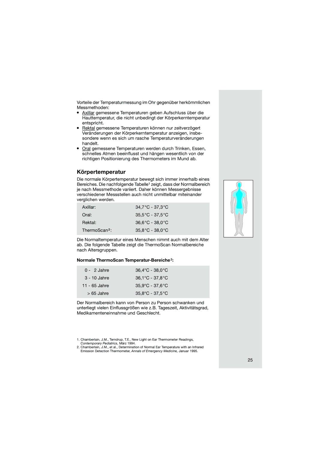 Braun Pro3000 manual Körpertemperatur, Normale ThermoScan Temperatur-Bereiche 