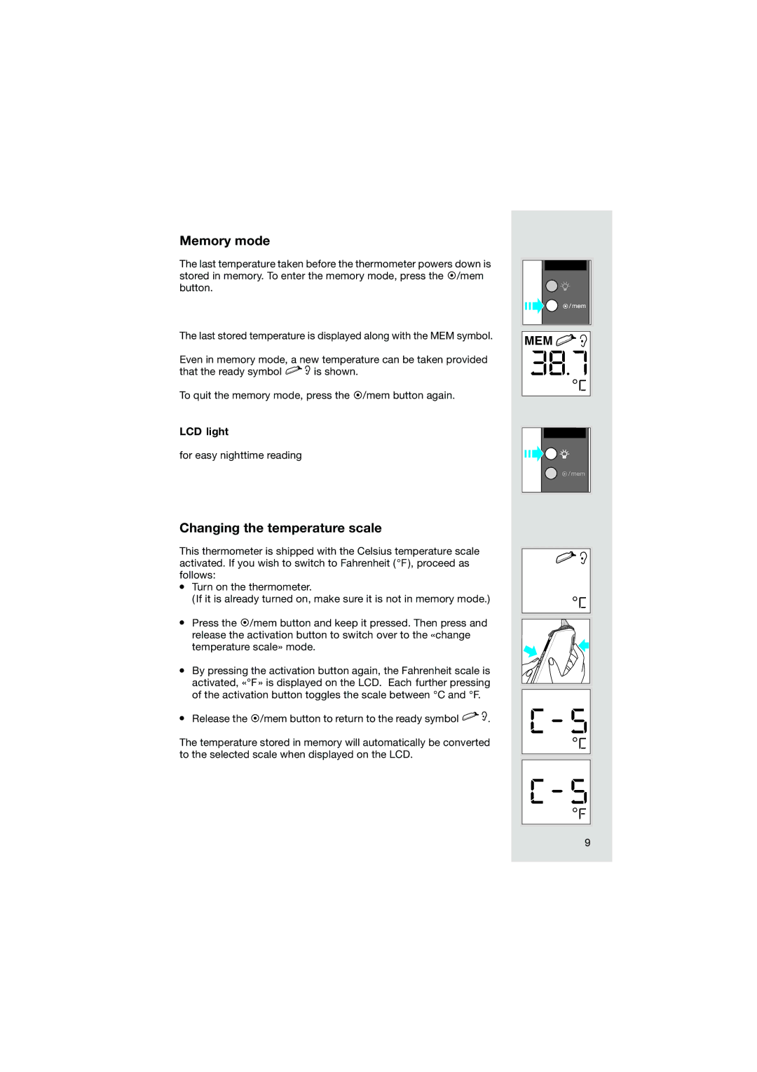 Braun Pro3000 manual Memory mode, Changing the temperature scale, LCD light 