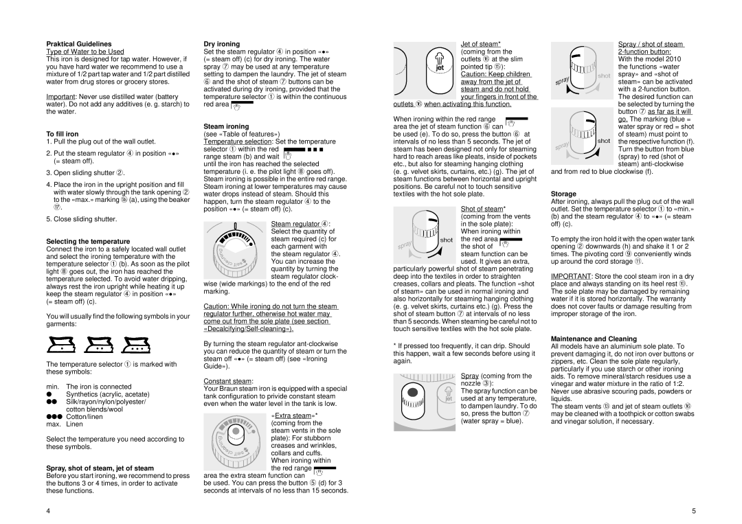 Braun PV 2010 Praktical Guidelines, To ﬁ ll iron, Selecting the temperature, Spray, shot of steam, jet of steam, Storage 