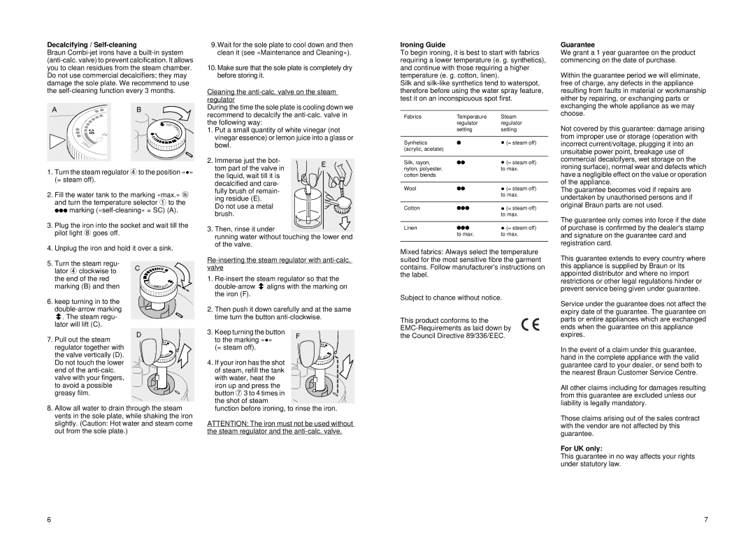 Braun PV 2002, PV 2010, PV 2005 manual Decalcifying / Self-cleaning, Ironing Guide, Guarantee, For UK only 