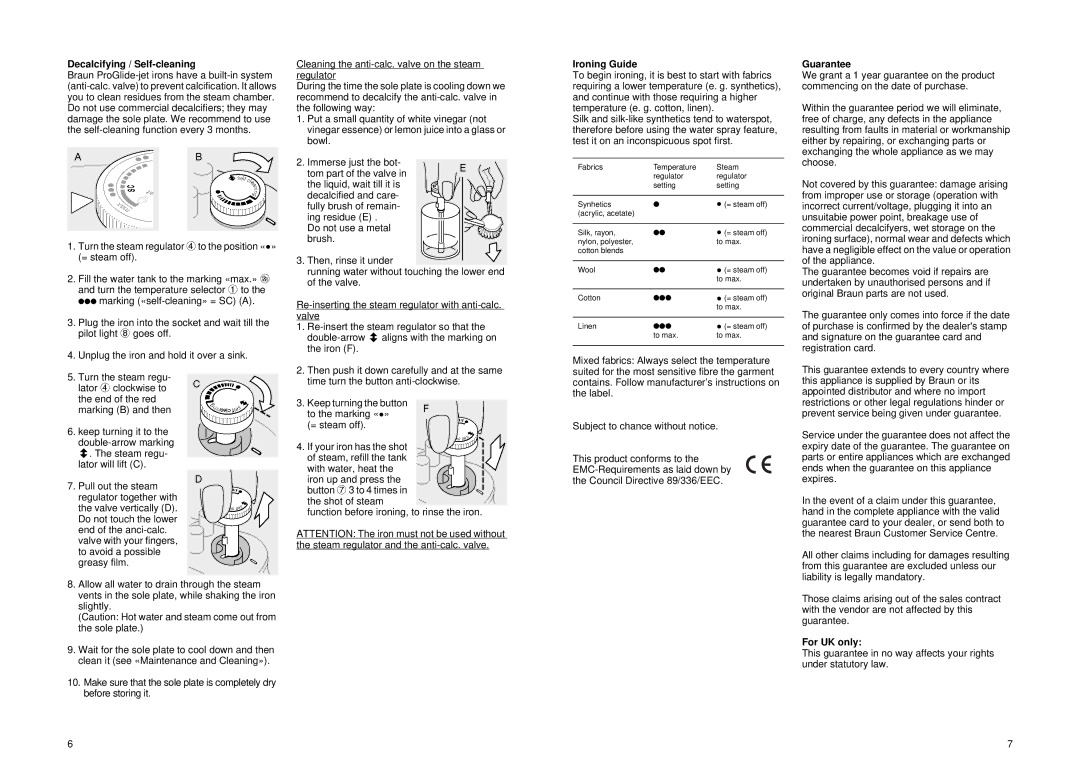 Braun PV 2212, PV 2202, PV 2205, PV 2210 manual Decalcifying / Self-cleaning, Ironing Guide, Guarantee, For UK only 