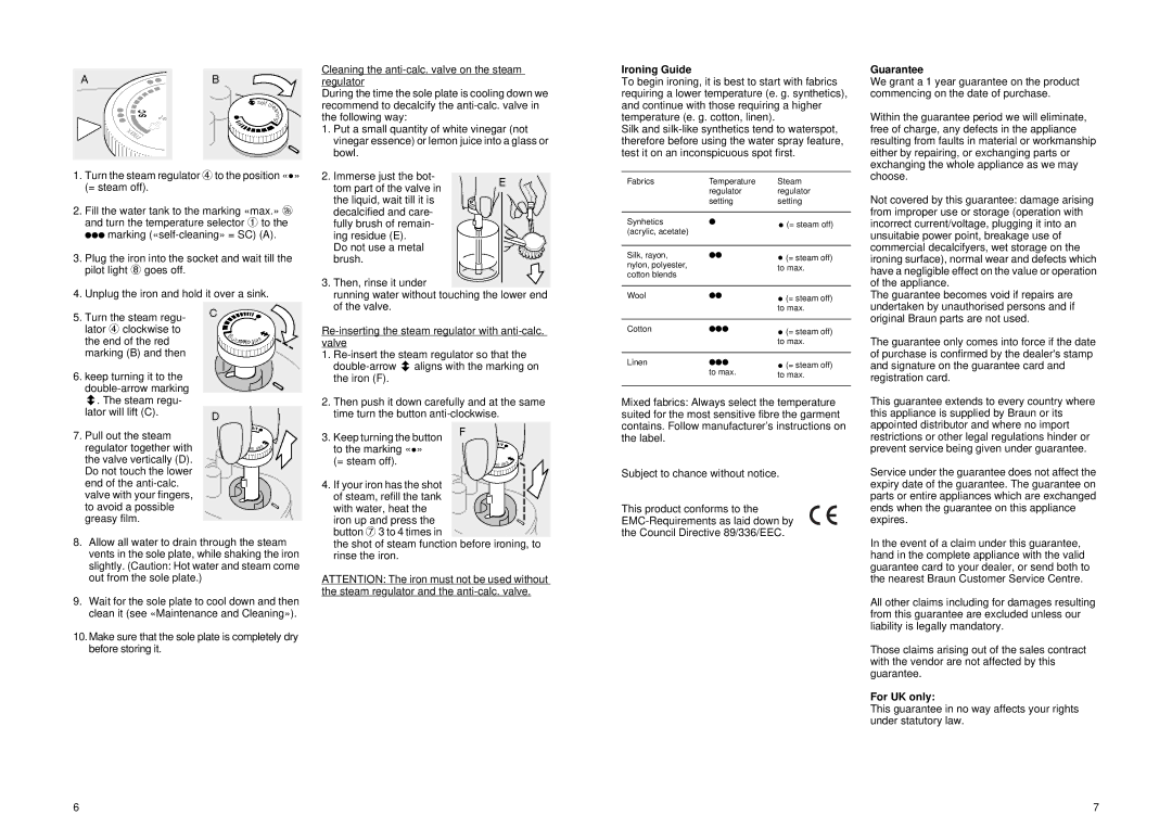 Braun PV 2512, PV 2510, PV 2505, PV 2502 manual Ironing Guide, Guarantee, For UK only 