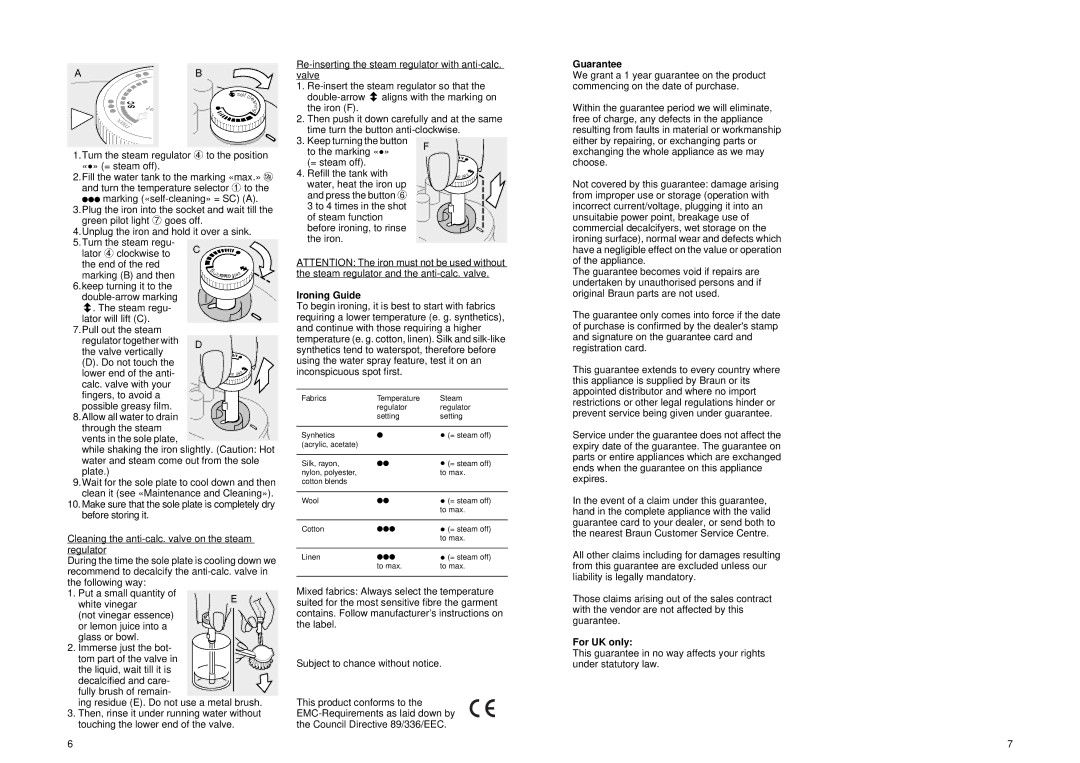 Braun PV 2550 manual Ironing Guide, Guarantee, For UK only 