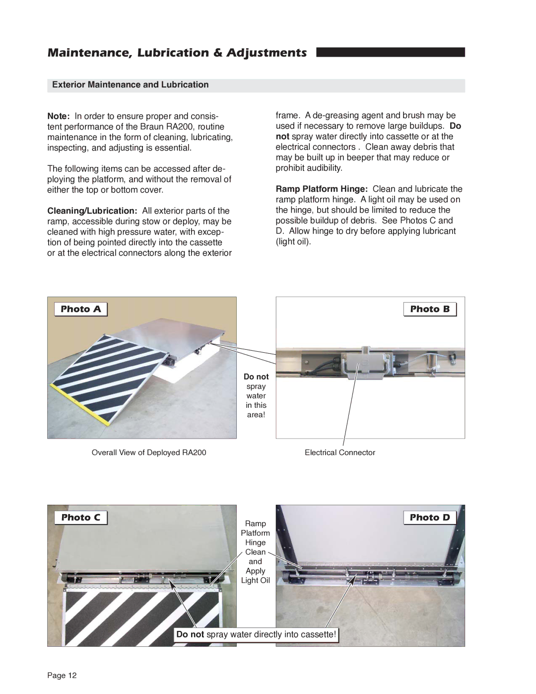 Braun RA200 service manual Maintenance, Lubrication & Adjustments, Photo a, Photo B, Exterior Maintenance and Lubrication 