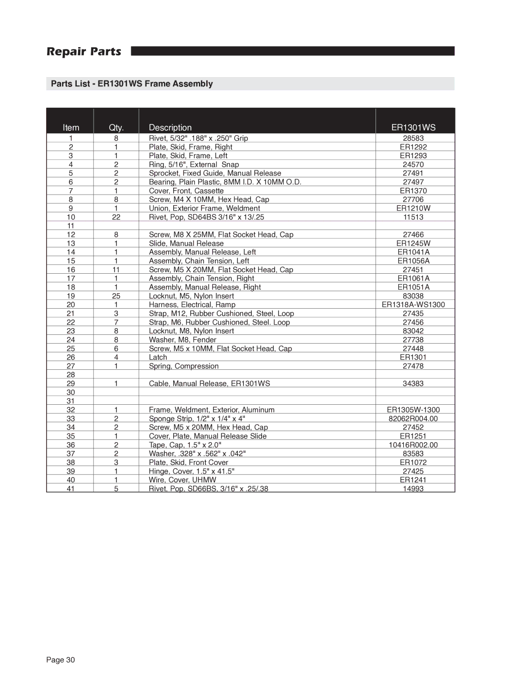 Braun RA200 service manual Parts List ER1301WS Frame Assembly 