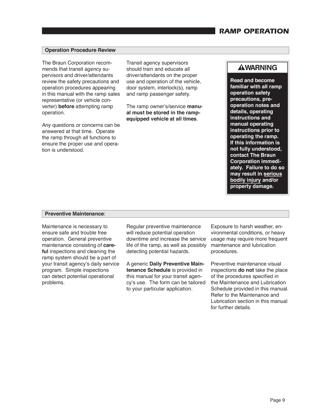 Braun RA300 service manual Operation Procedure Review, Preventive Maintenance 