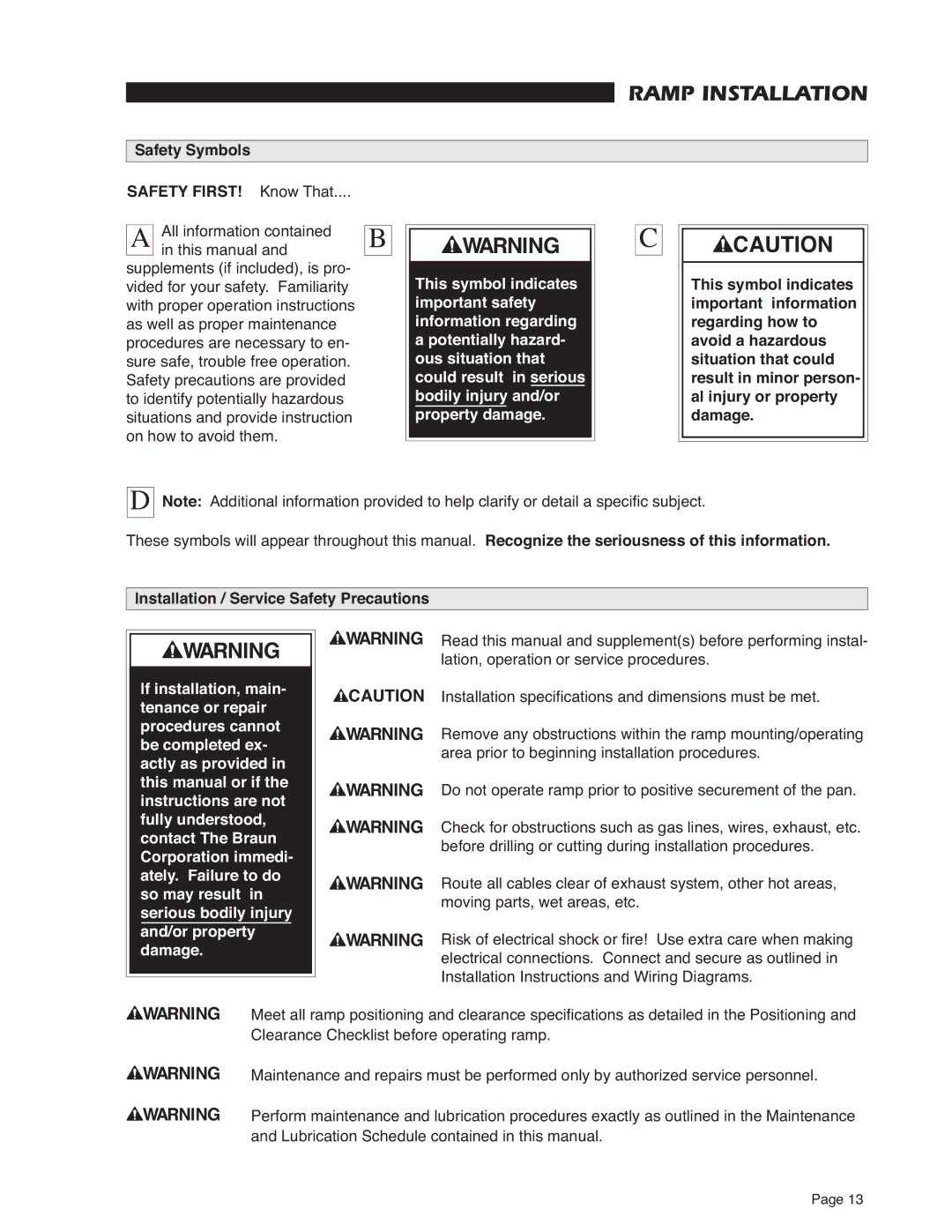 Braun RA300 service manual Ramp Installation, Installation / Service Safety Precautions 