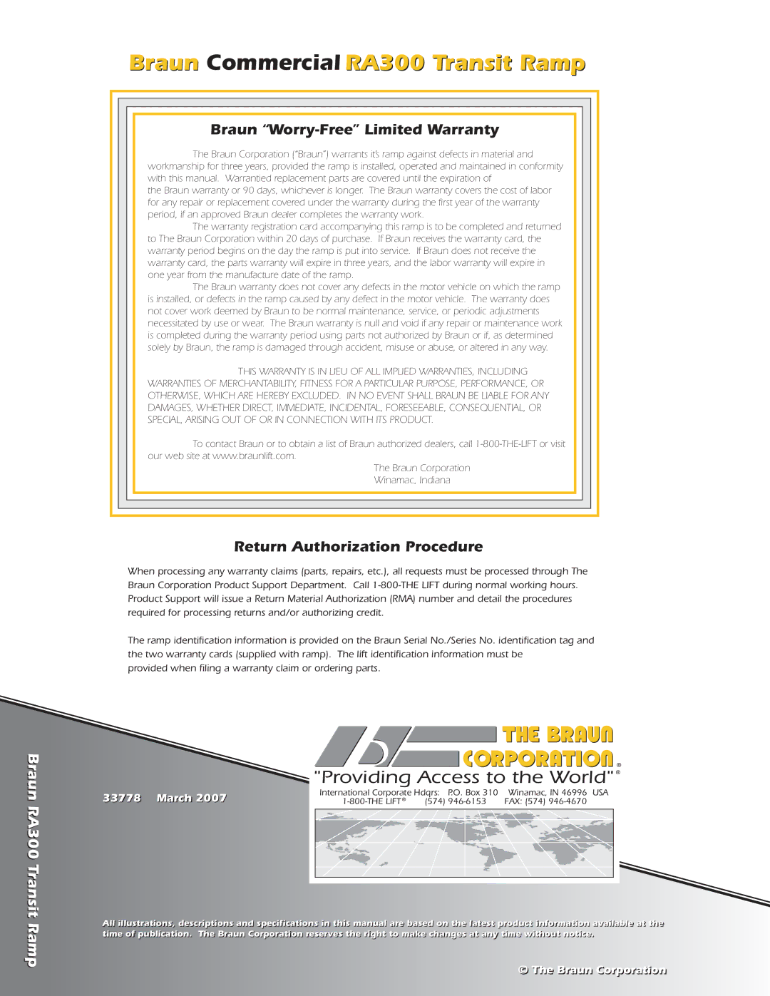 Braun service manual Braun Commercial RA300 Transit Ramp 