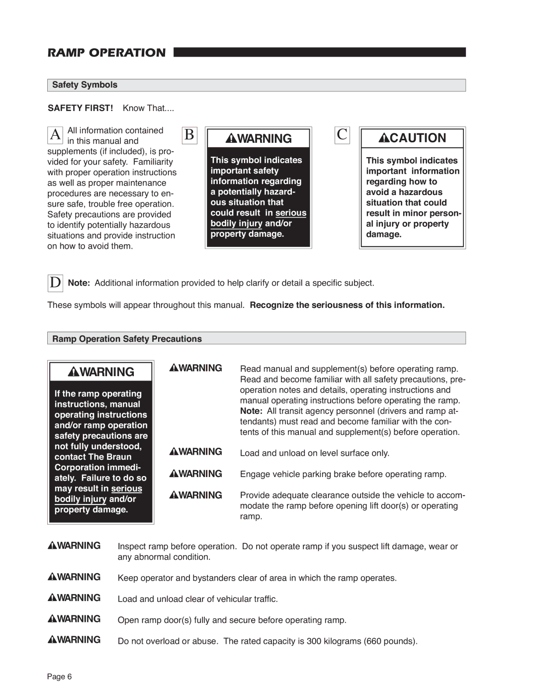 Braun RA300 service manual Safety Symbols Safety FIRST! Know That, Ramp Operation Safety Precautions 