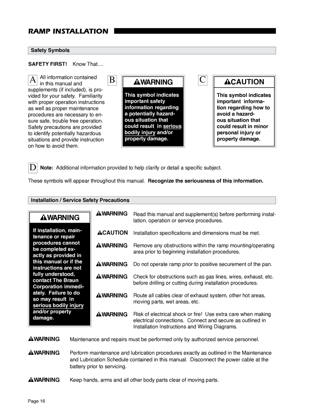 Braun RA500 service manual Ramp Installation, Installation / Service Safety Precautions 