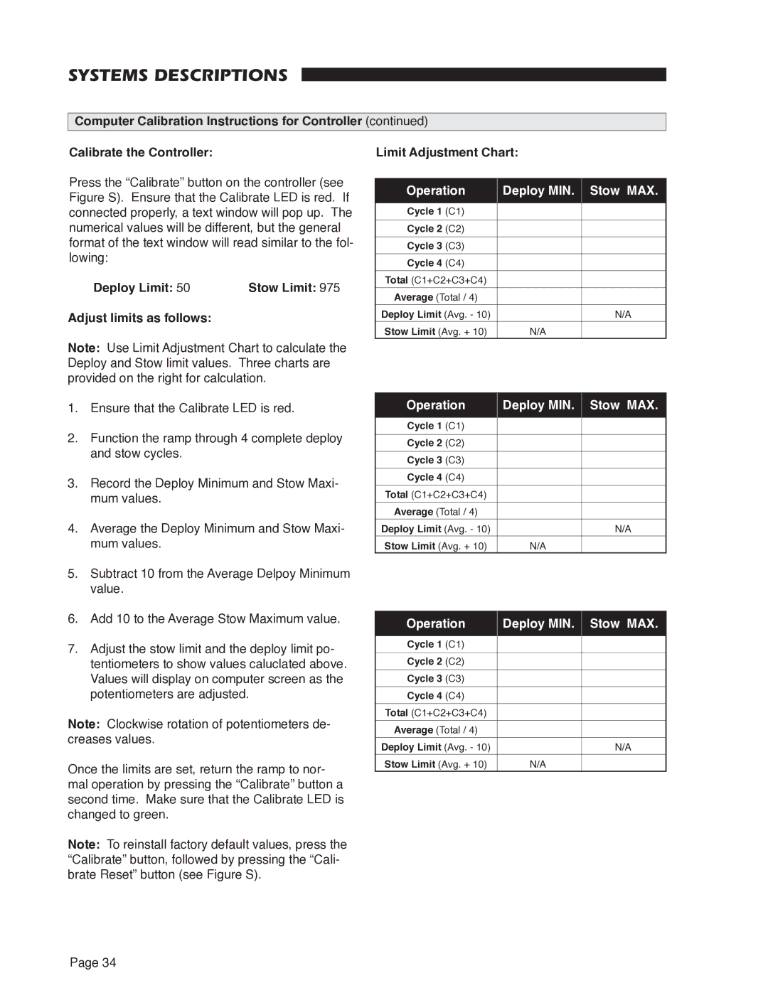 Braun RA500 service manual Systems Descriptions, Deploy Limit Stow Limit Adjust limits as follows, Limit Adjustment Chart 