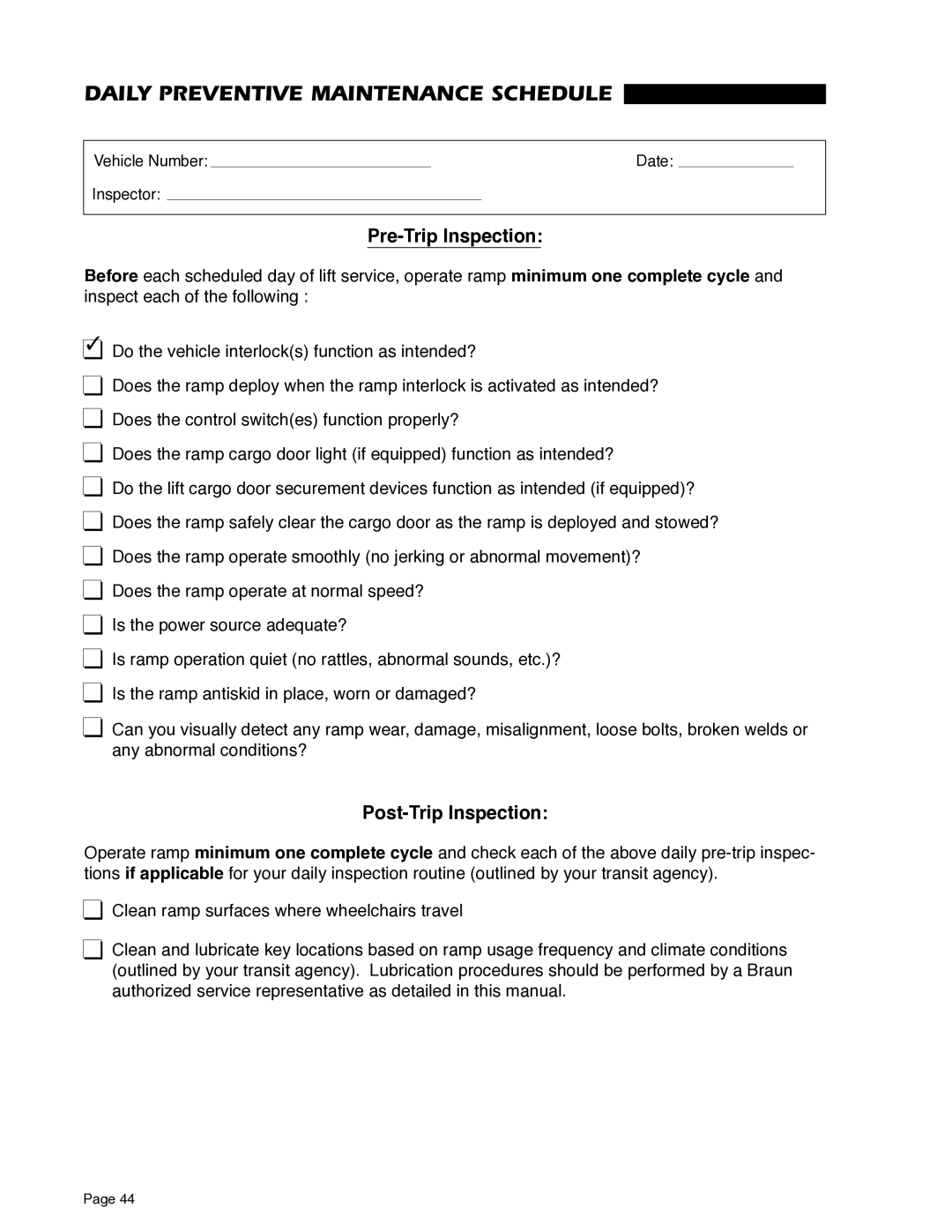 Braun RA500 service manual Daily Preventive Maintenance Schedule, Pre-Trip Inspection 