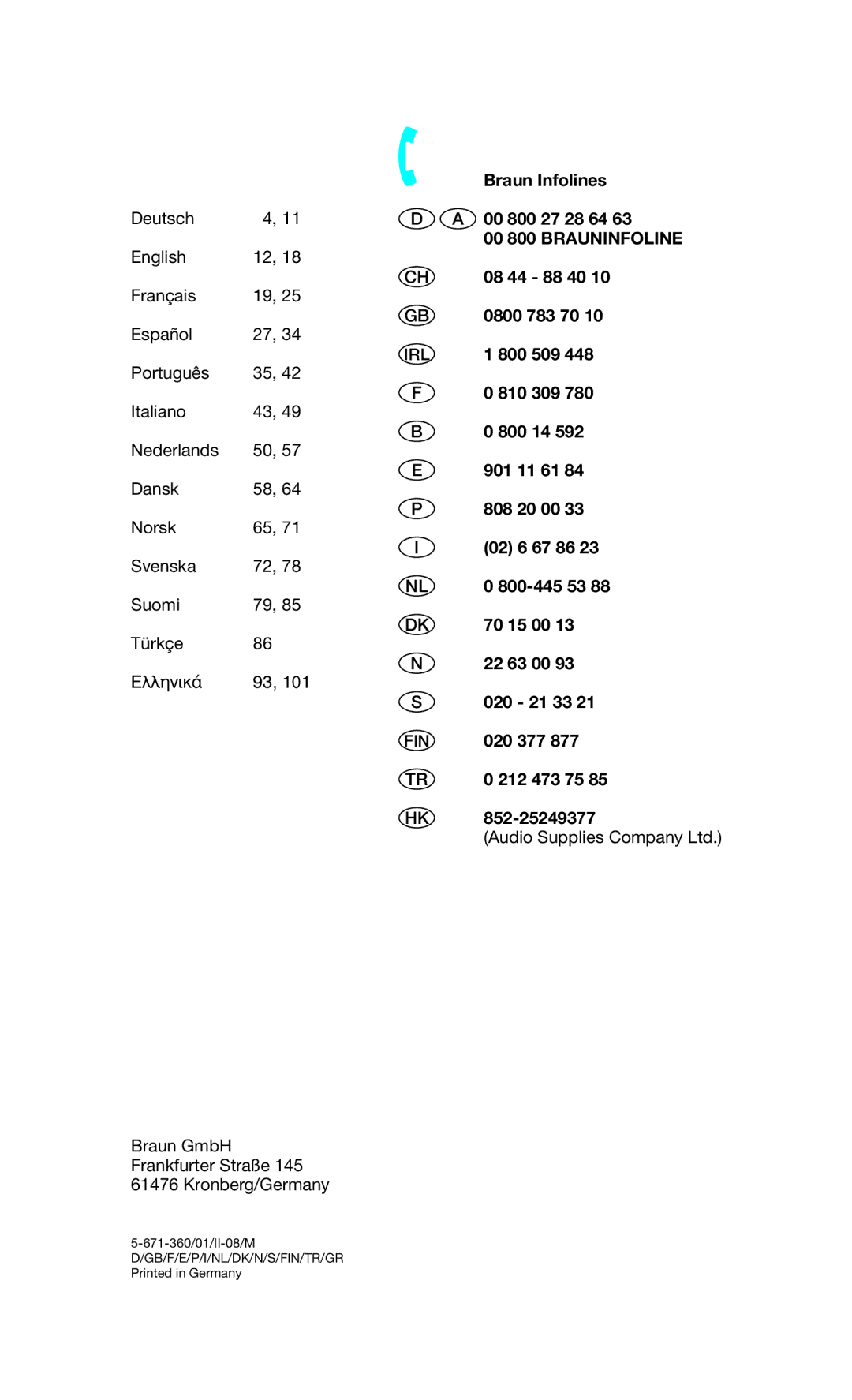 Braun Series7 Braun Infolines, 00 800 27 28 64, 08 44 88 40, 0800 783 70, 800 509, 810 309, 800 14, 901 11 61, 808 20 00 