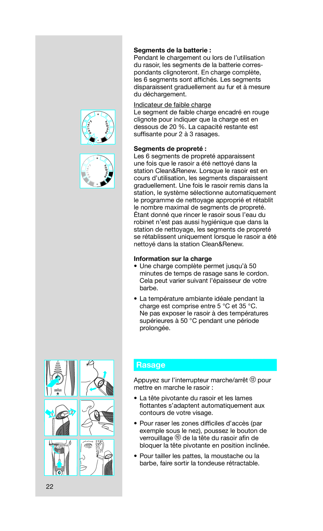 Braun Series7 manual Rasage, Segments de la batterie, Segments de propreté, Information sur la charge 