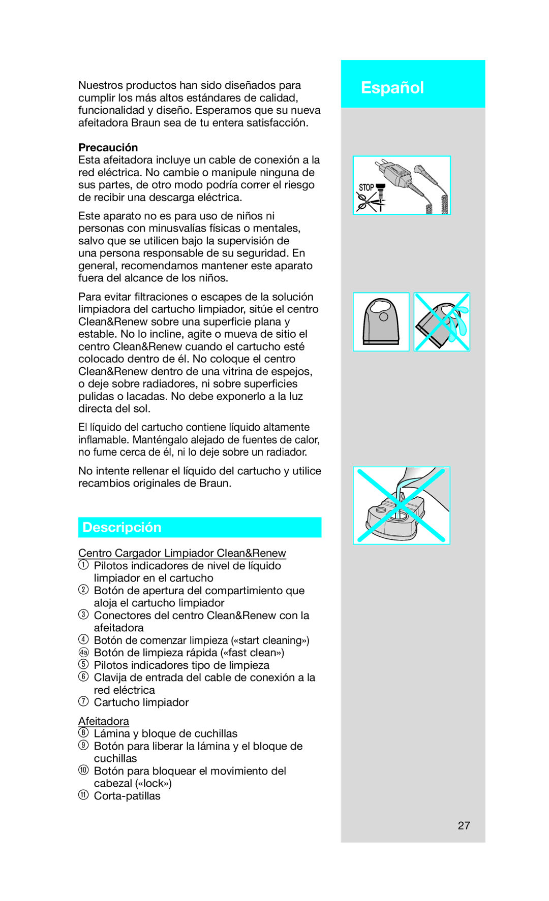 Braun Series7 manual Español, Descripción, Precaución 