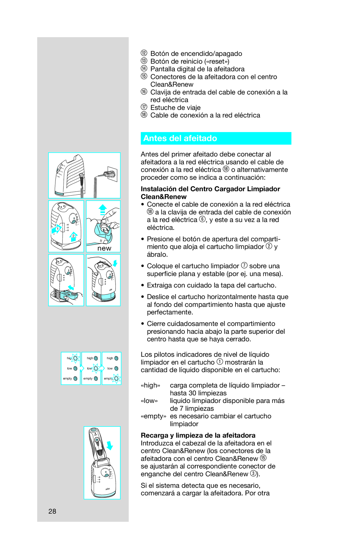 Braun Series7 manual Antes del afeitado, Instalación del Centro Cargador Limpiador Clean&Renew 