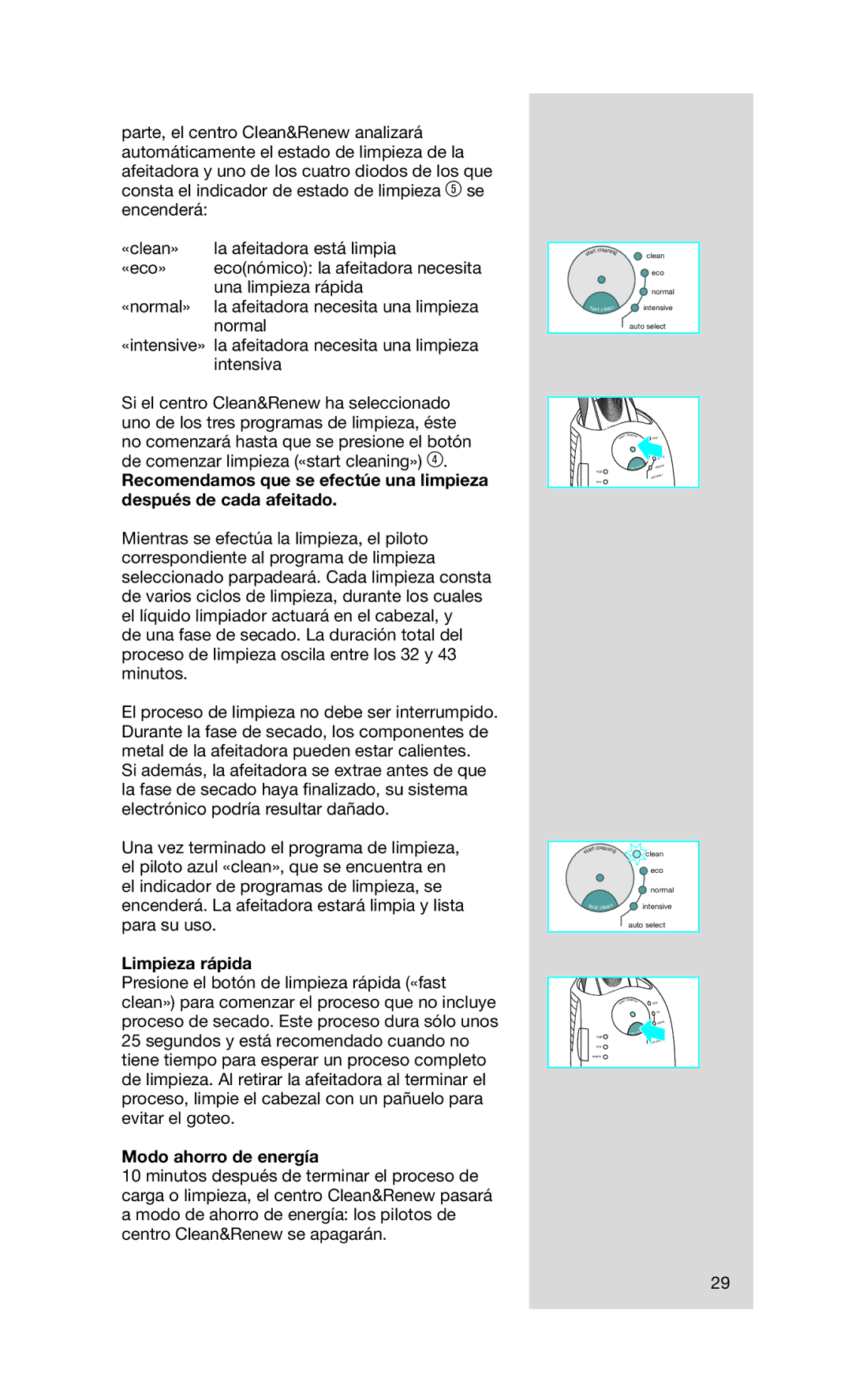 Braun Series7 manual Limpieza rápida, Modo ahorro de energía 