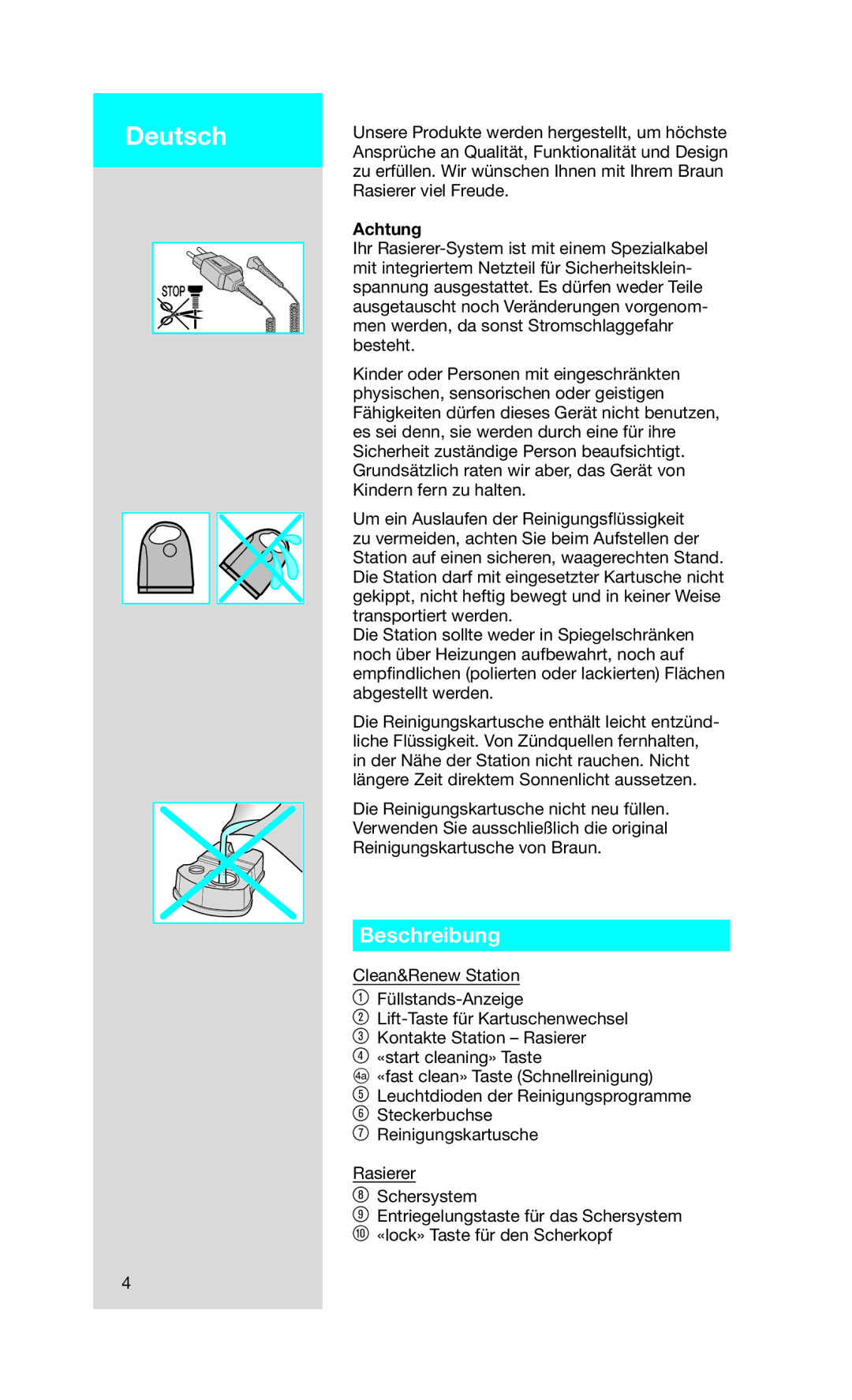 Braun Series7 manual Deutsch, Beschreibung, Achtung 