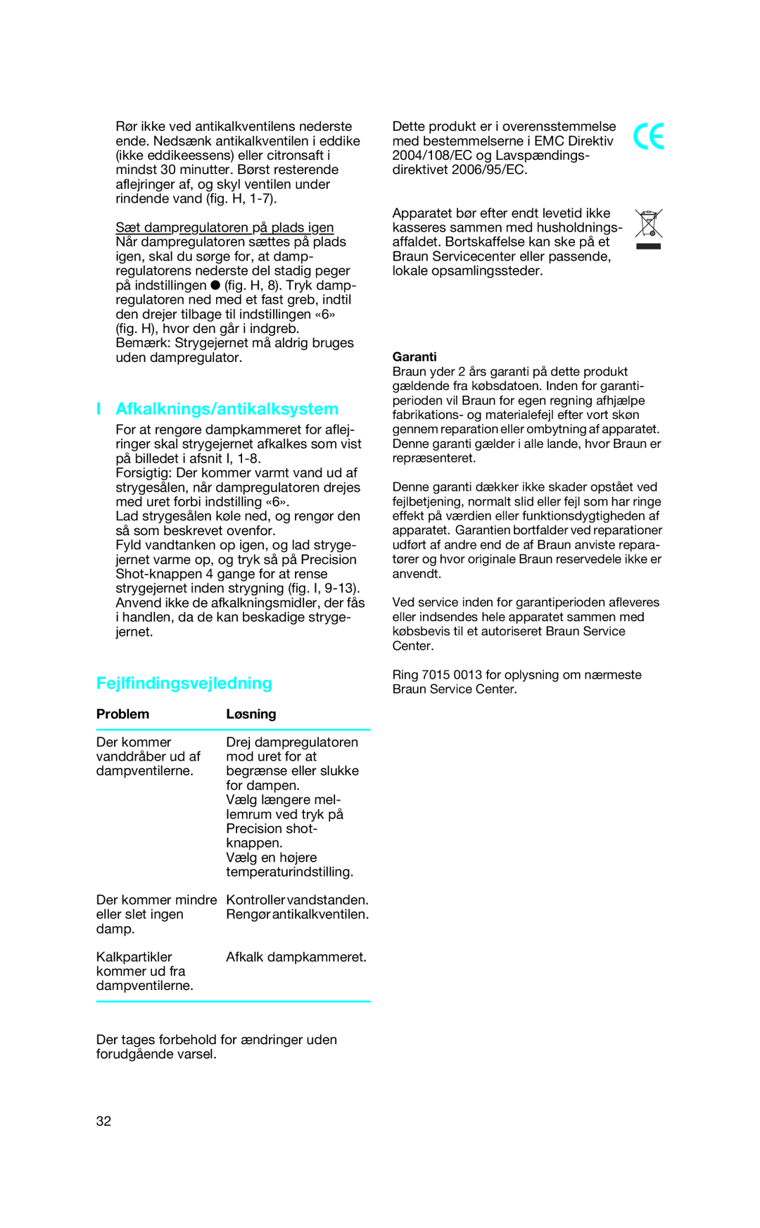 Braun SI 18.720, SI 18.896, SI 18.890, SI 18.830 manual Afkalknings/antikalksystem, Fejlfindingsvejledning, Problem Løsning 