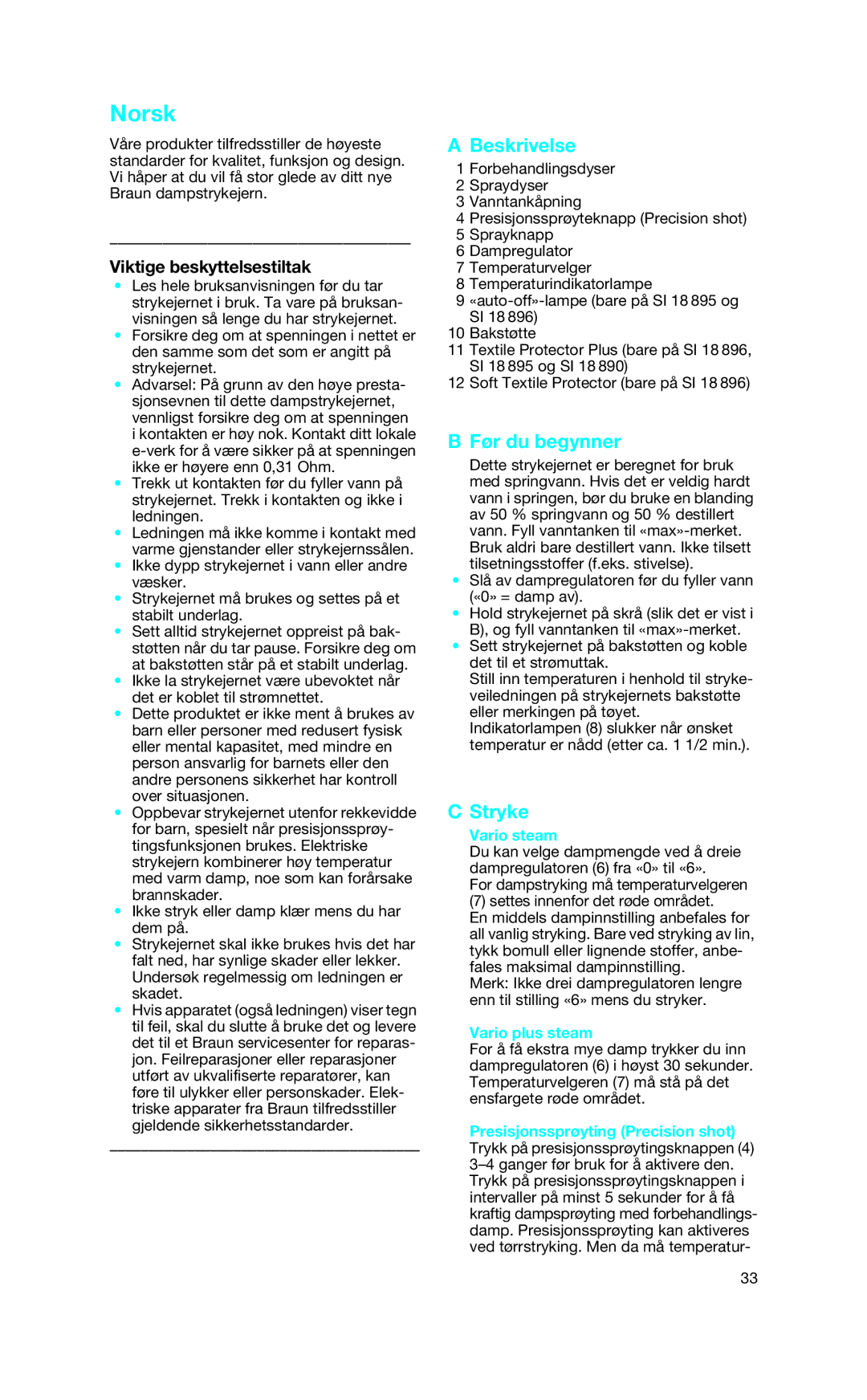 Braun SI 18.830, SI 18.896, SI 18.890, SI 18.720, SI 18.895 manual Norsk, Før du begynner, Stryke, Viktige beskyttelsestiltak 