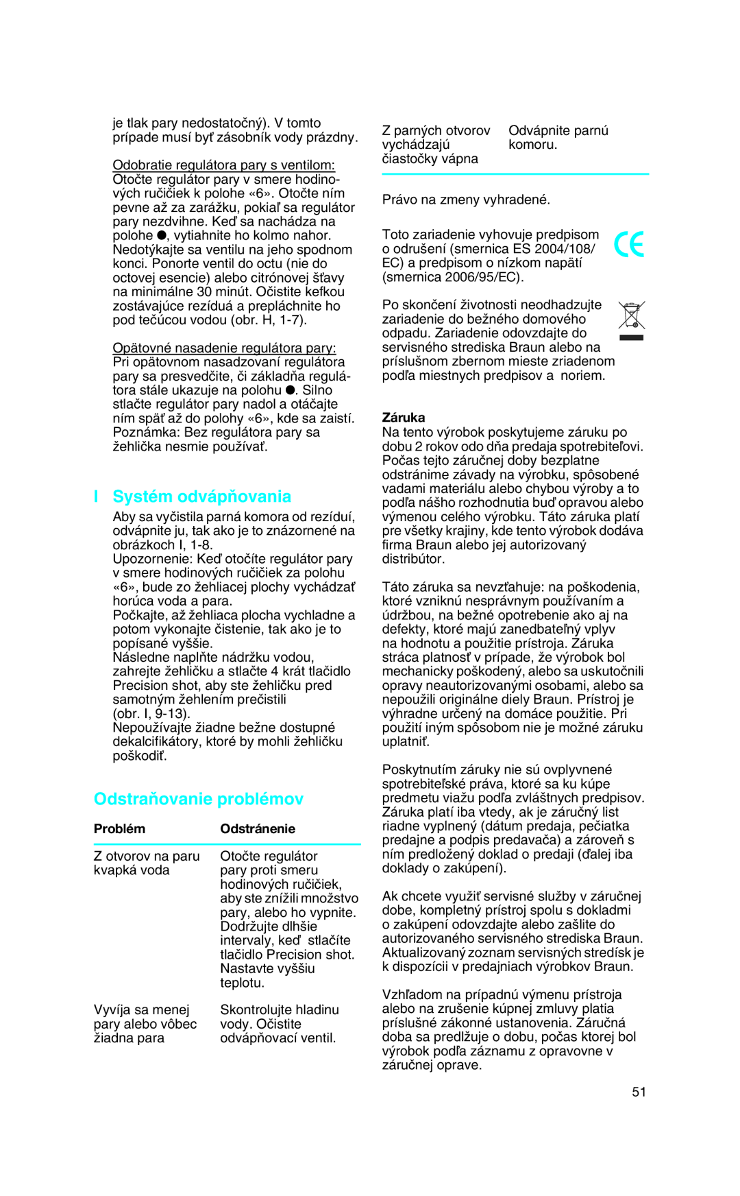 Braun SI 18.890, SI 18.896, SI 18.720, SI 18.830, SI 18.895 Systém odvápÀovania, OdstraÀovanie problémov, Problém Odstránenie 