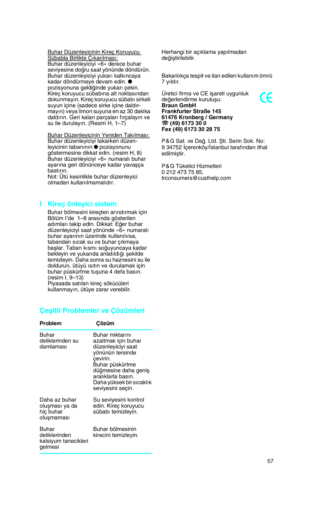 Braun SI 18.720, SI 18.896, SI 18.890, SI 18.830 manual Kireç önleyici sistem, Çeµitli Problemler ve Çözümleri, Problem Çözüm 