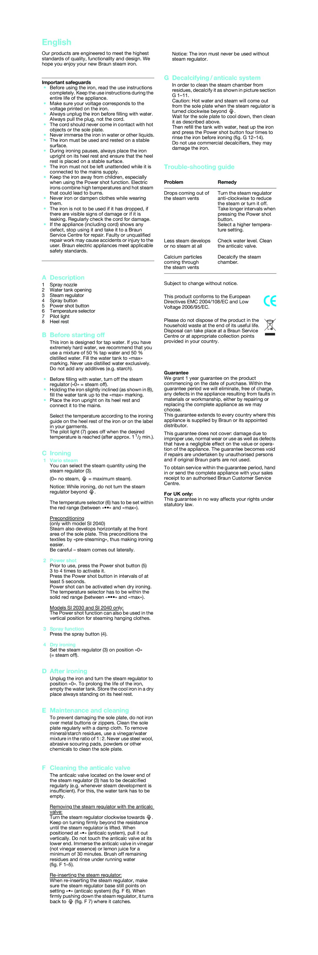 Braun SI 2040, SI 2030, SI 2020, SI 2010 manual English 