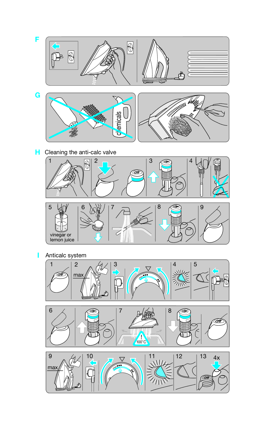 Braun SI 6130, SI 6265 manual Vinegar or lemon juice 