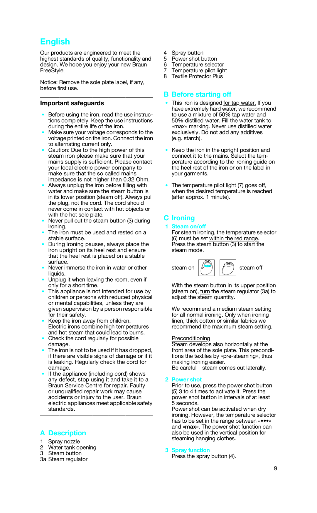 Braun SI 6290 manual Description, Before starting off, Ironing 