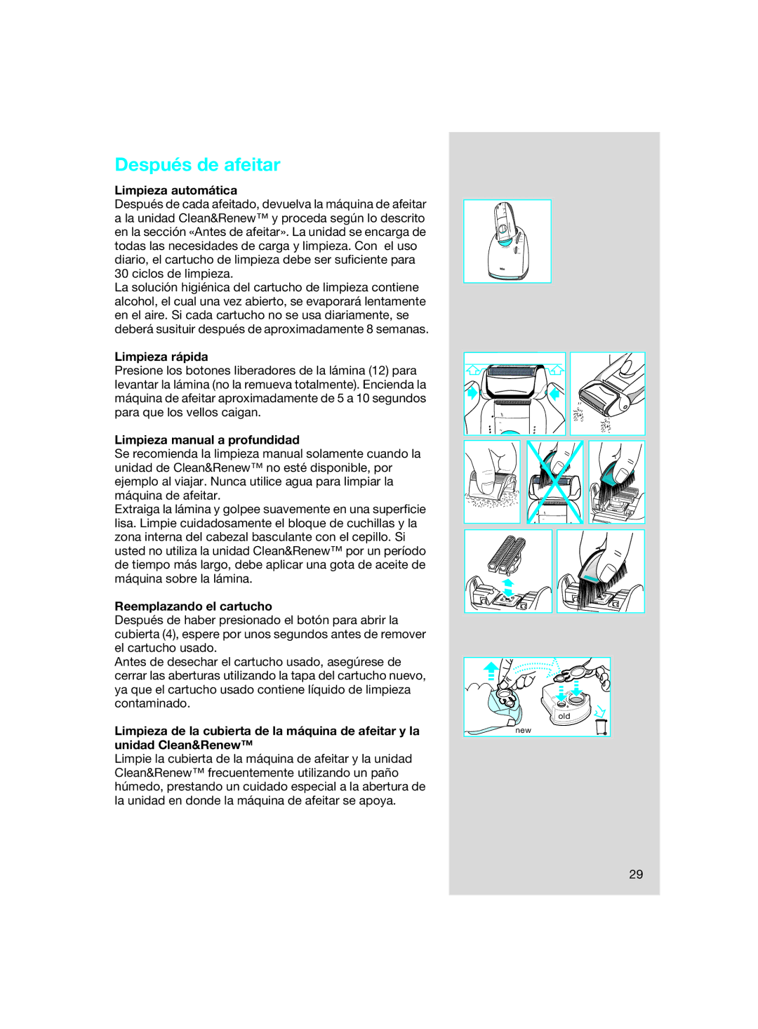 Braun SIP 3.0.2 Después de afeitar, Limpieza automática, Limpieza rápida, Limpieza manual a profundidad 