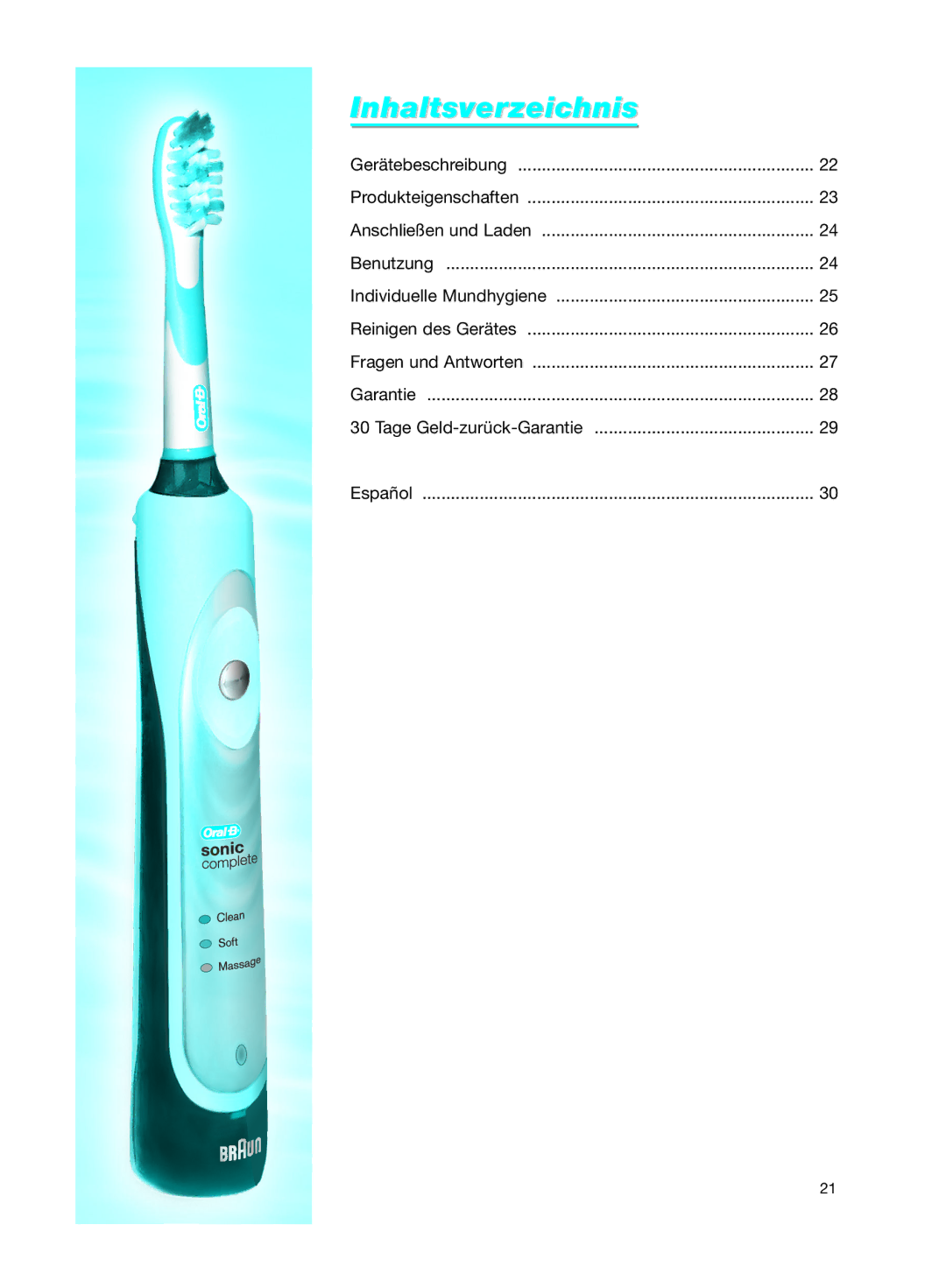 Braun Sonic Complete manual Inhaltsverzeichnis 