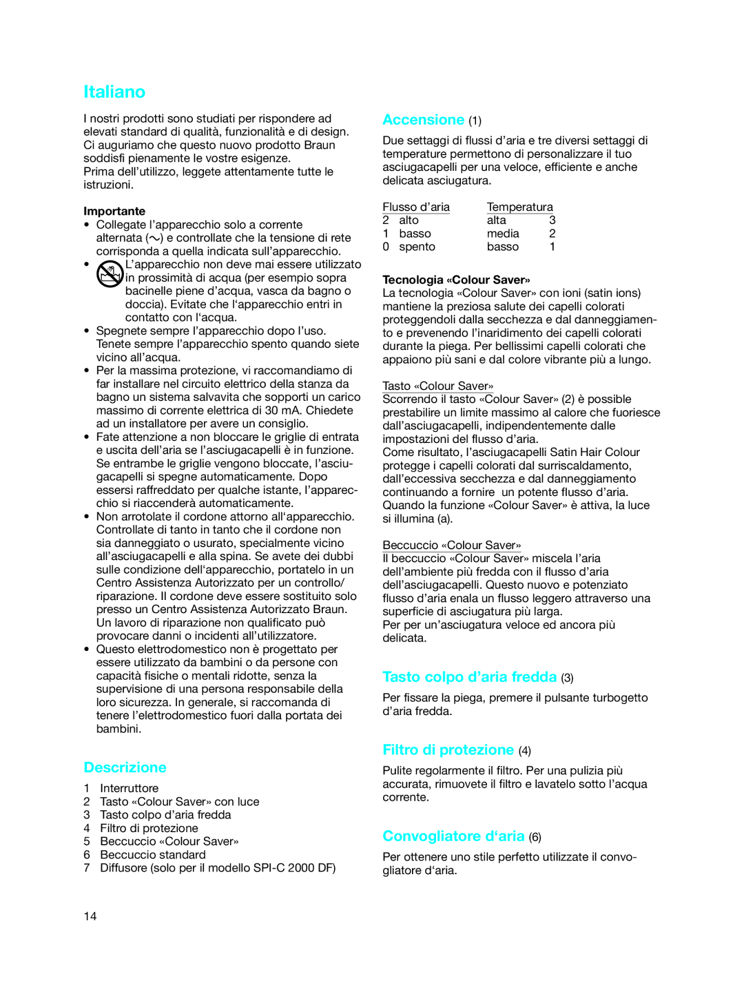 Braun SPI-C 2000 DF manual Italiano 