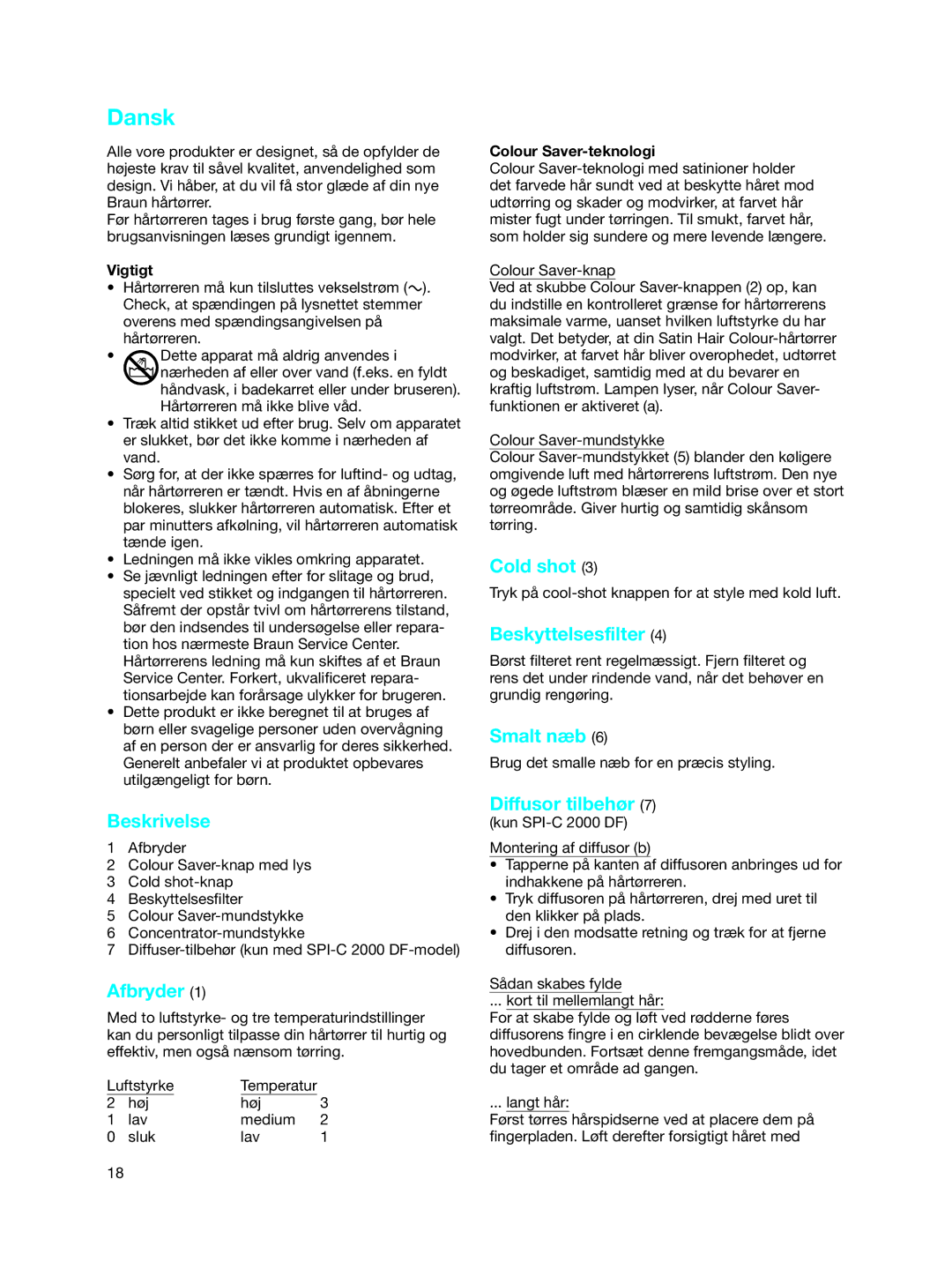 Braun SPI-C 2000 DF manual Dansk, Beskrivelse, Afbryder, Beskyttelsesfilter, Smalt næb 
