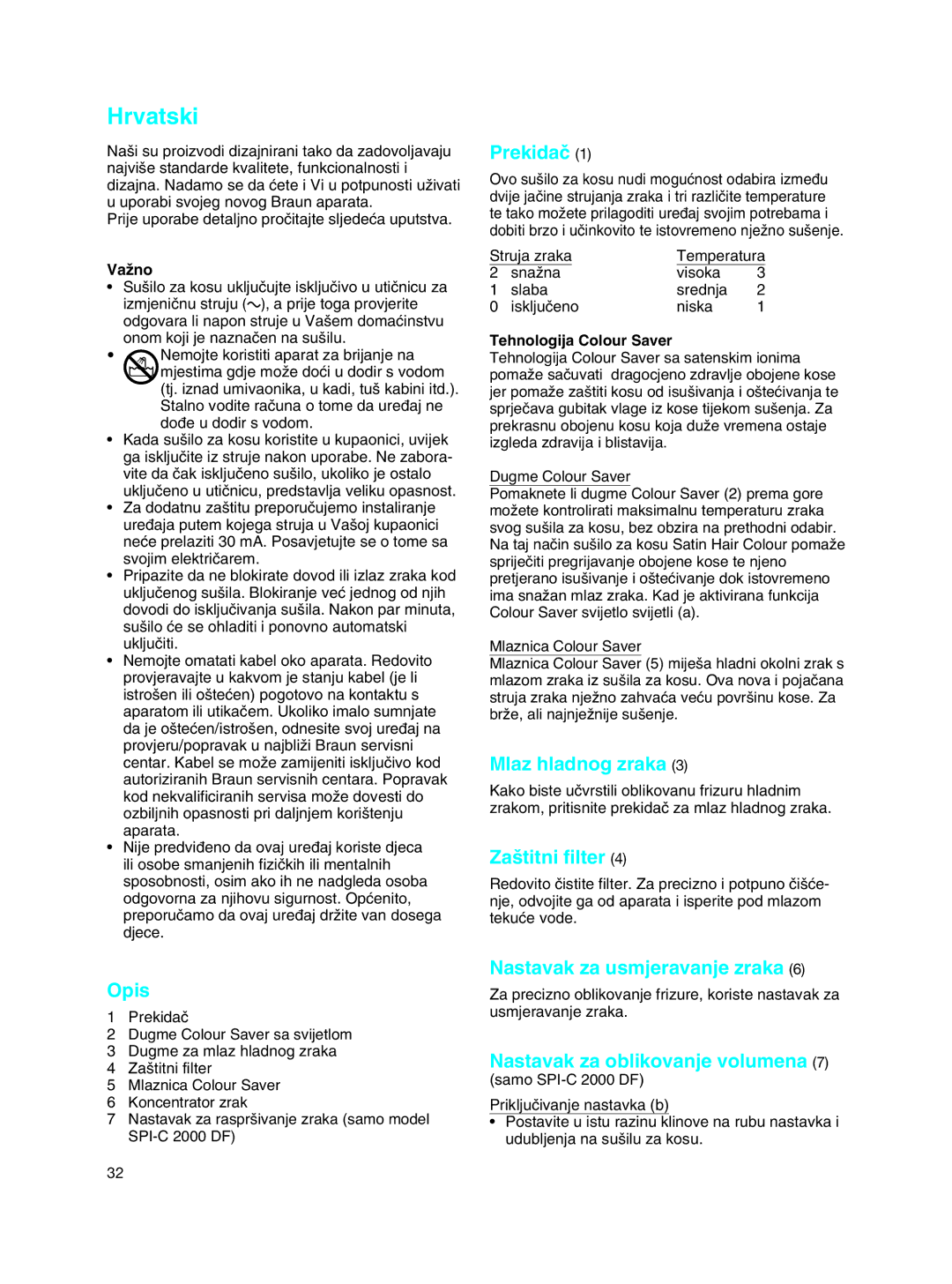 Braun SPI-C 2000 DF manual Prekidaã, Mlaz hladnog zraka, Za‰titni filter, Nastavak za usmjeravanje zraka 