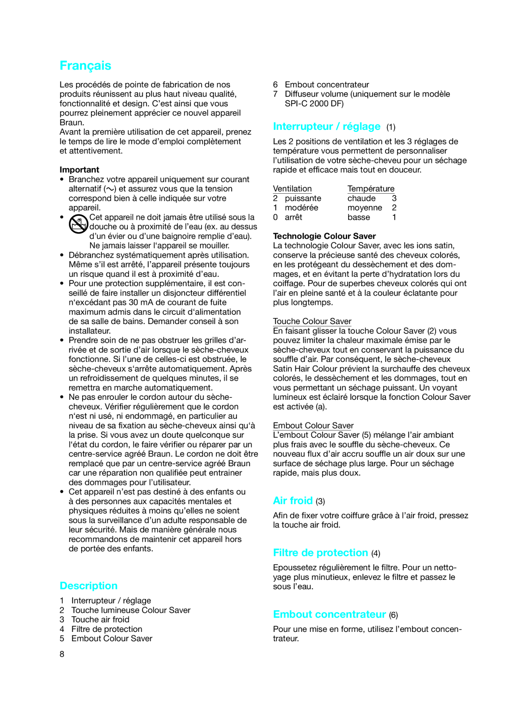 Braun SPI-C 2000 DF manual Français, Interrupteur / réglage, Air froid, Filtre de protection, Embout concentrateur 