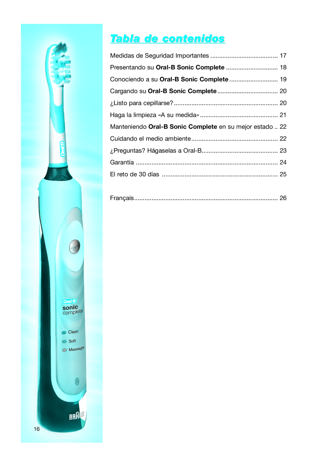 Braun Toothbrush manual Tabla de contenidos, Medidas de Seguridad Importantes 