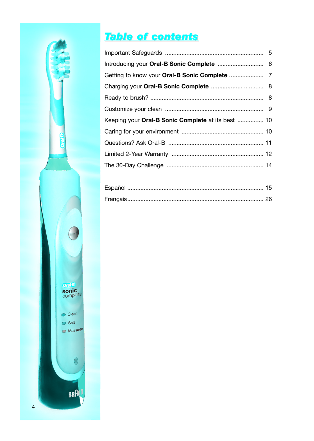 Braun Toothbrush manual Table of contents 