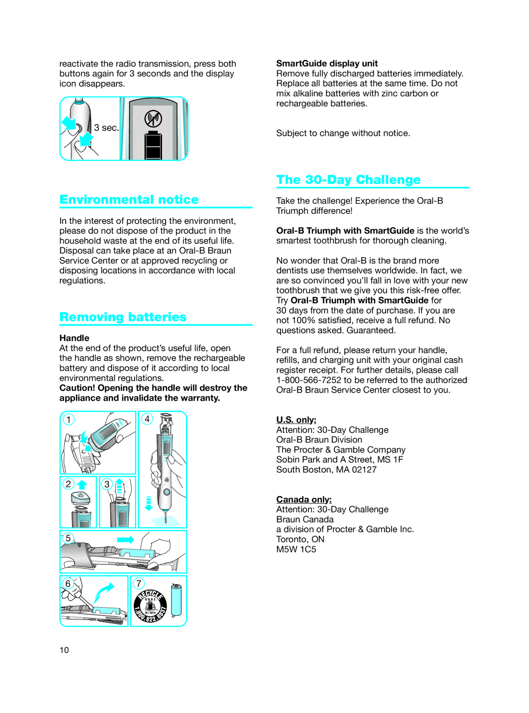 Braun Toothbrush manual Environmental notice, Removing batteries, Day Challenge 