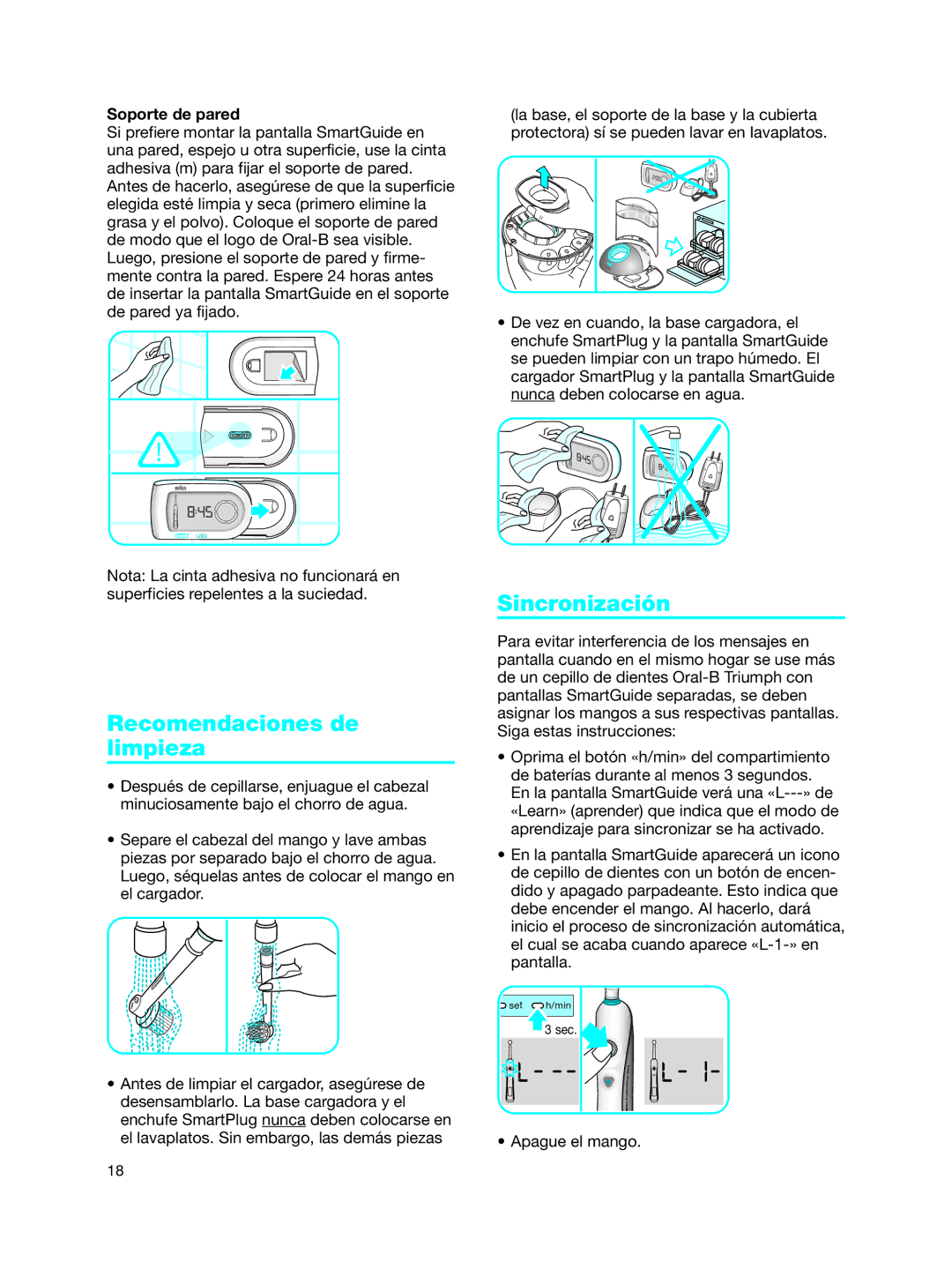 Braun Toothbrush manual Recomendaciones de limpieza, Sincronización, Soporte de pared 