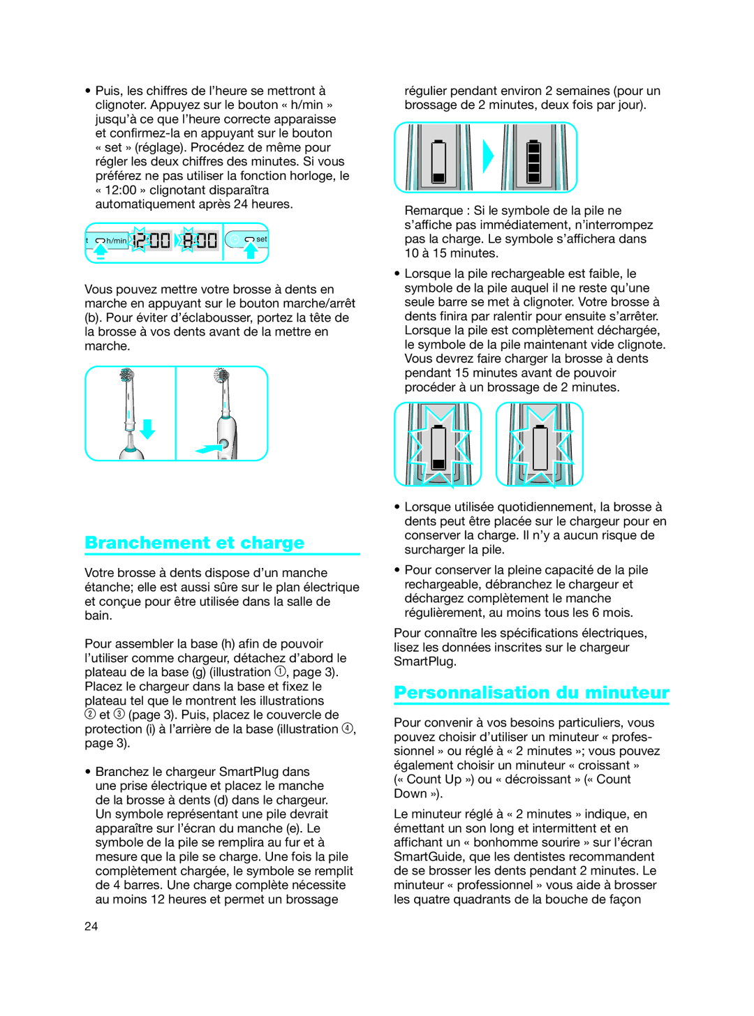 Braun Toothbrush manual Branchement et charge, Personnalisation du minuteur 