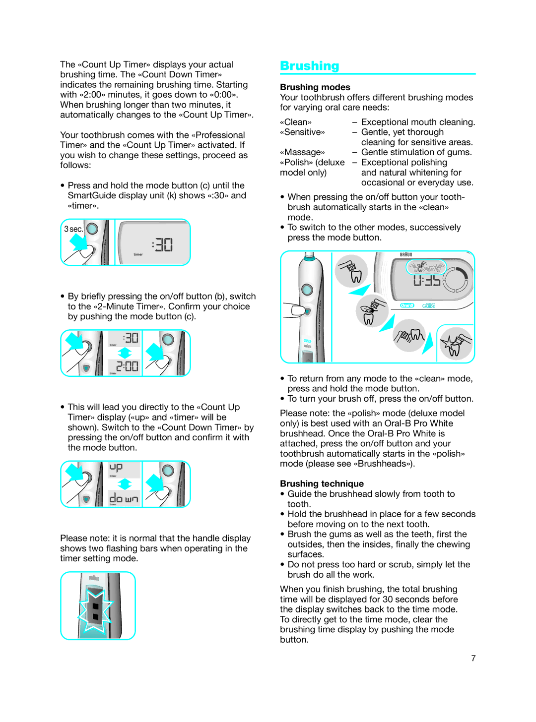 Braun Toothbrush manual Brushing modes, Brushing technique 