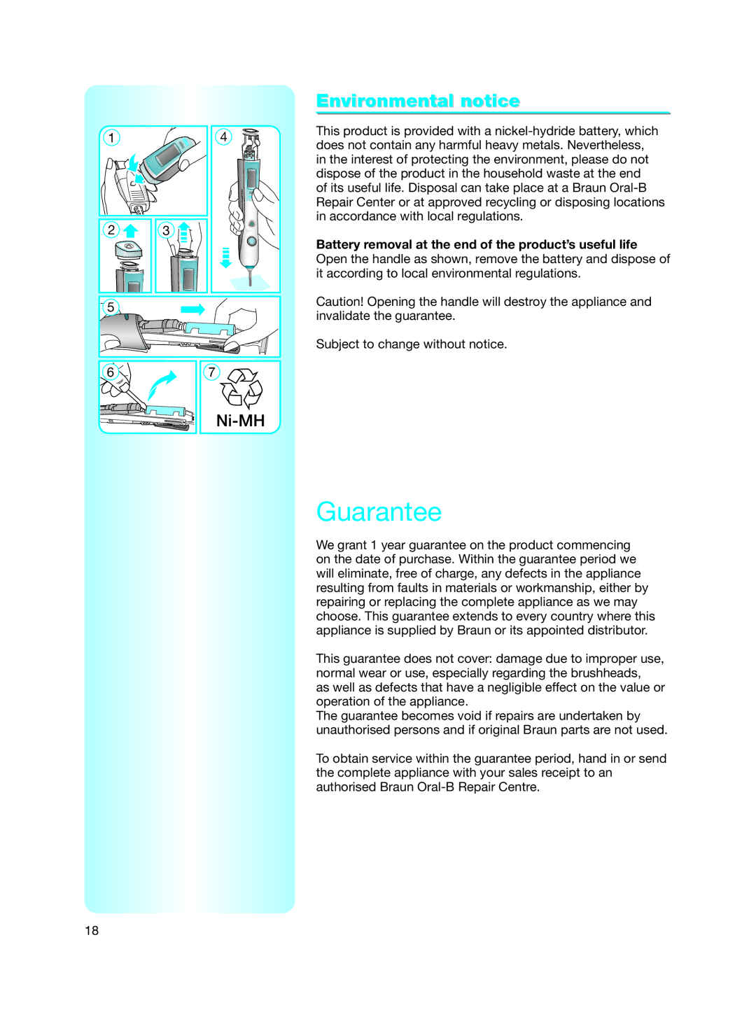 Braun Toothbrush manual Guarantee, Environmental notice 