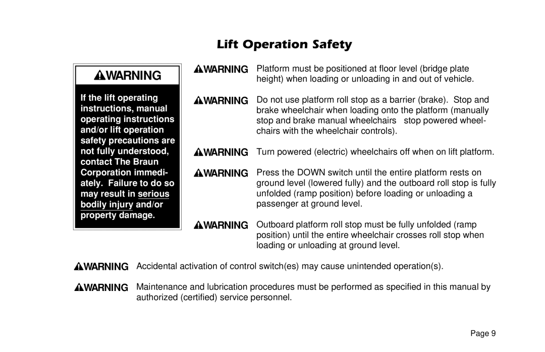 Braun VL955 manual Lift Operation Safety 