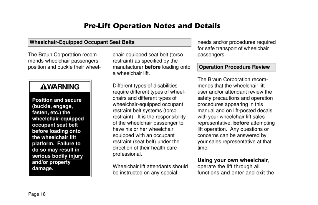 Braun VL955 manual Wheelchair-Equipped Occupant Seat Belts, Operation Procedure Review 