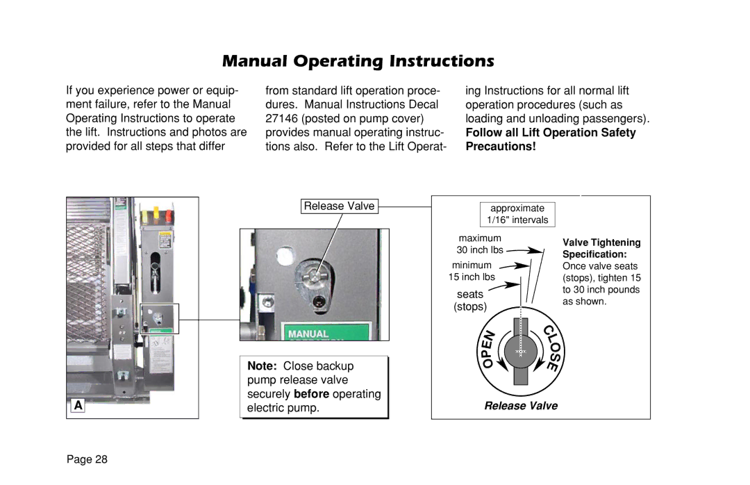 Braun VL955 manual Manual Operating Instructions, Follow all Lift Operation Safety Precautions 